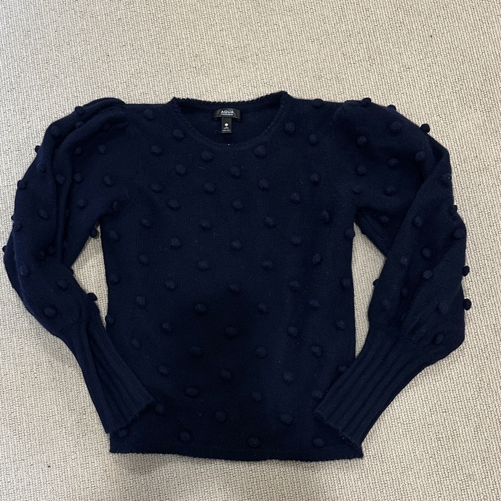 Aqua cashmere Navy Pom-Pom Crew Neck Sweater medium